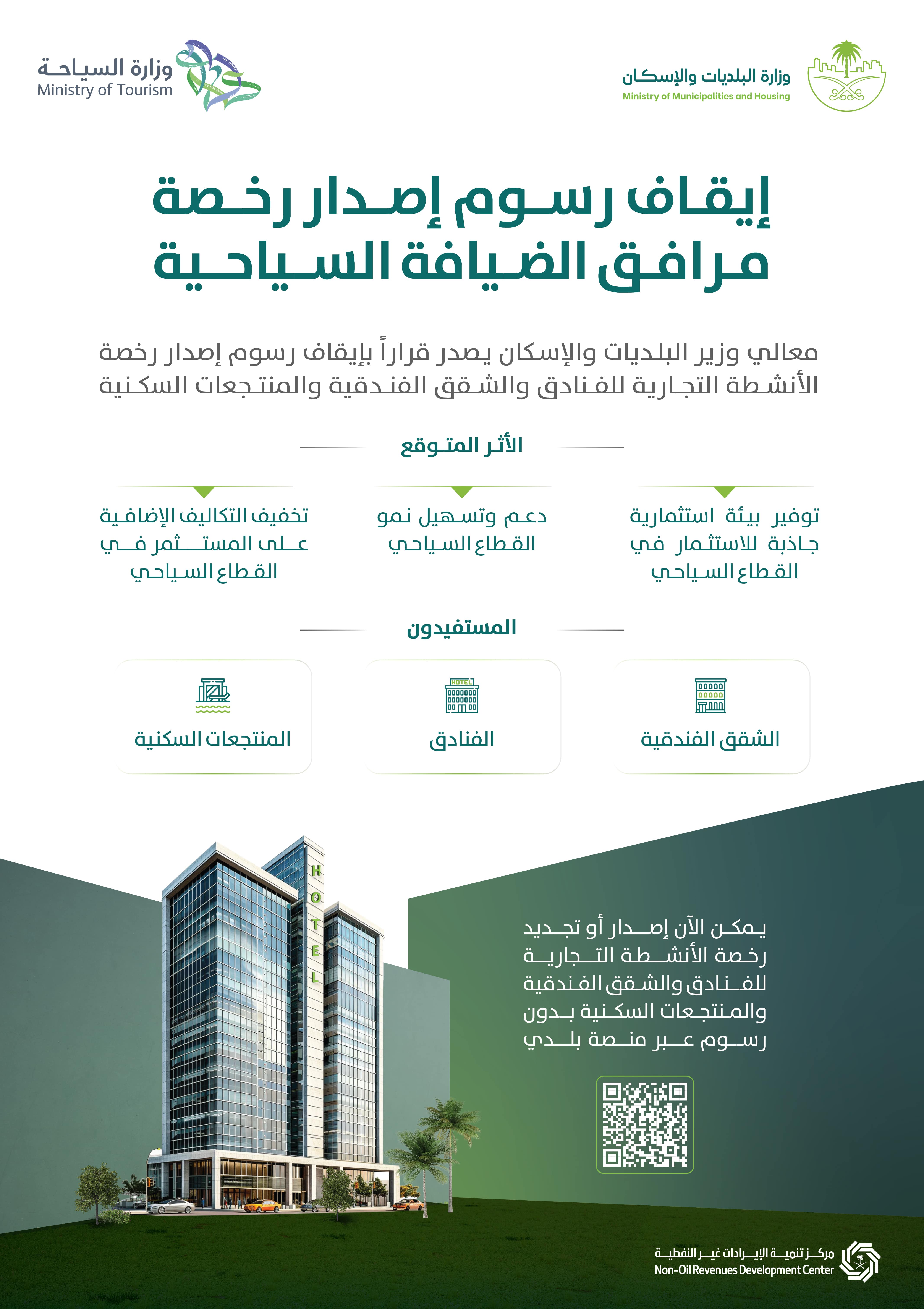 In cooperation between the Ministry of Municipalities and Housing and Ministry of Tourism, in support of tourism investment, the fees for issuing commercial activity licenses for hotels, furnished apartments and residential resorts are cancelled