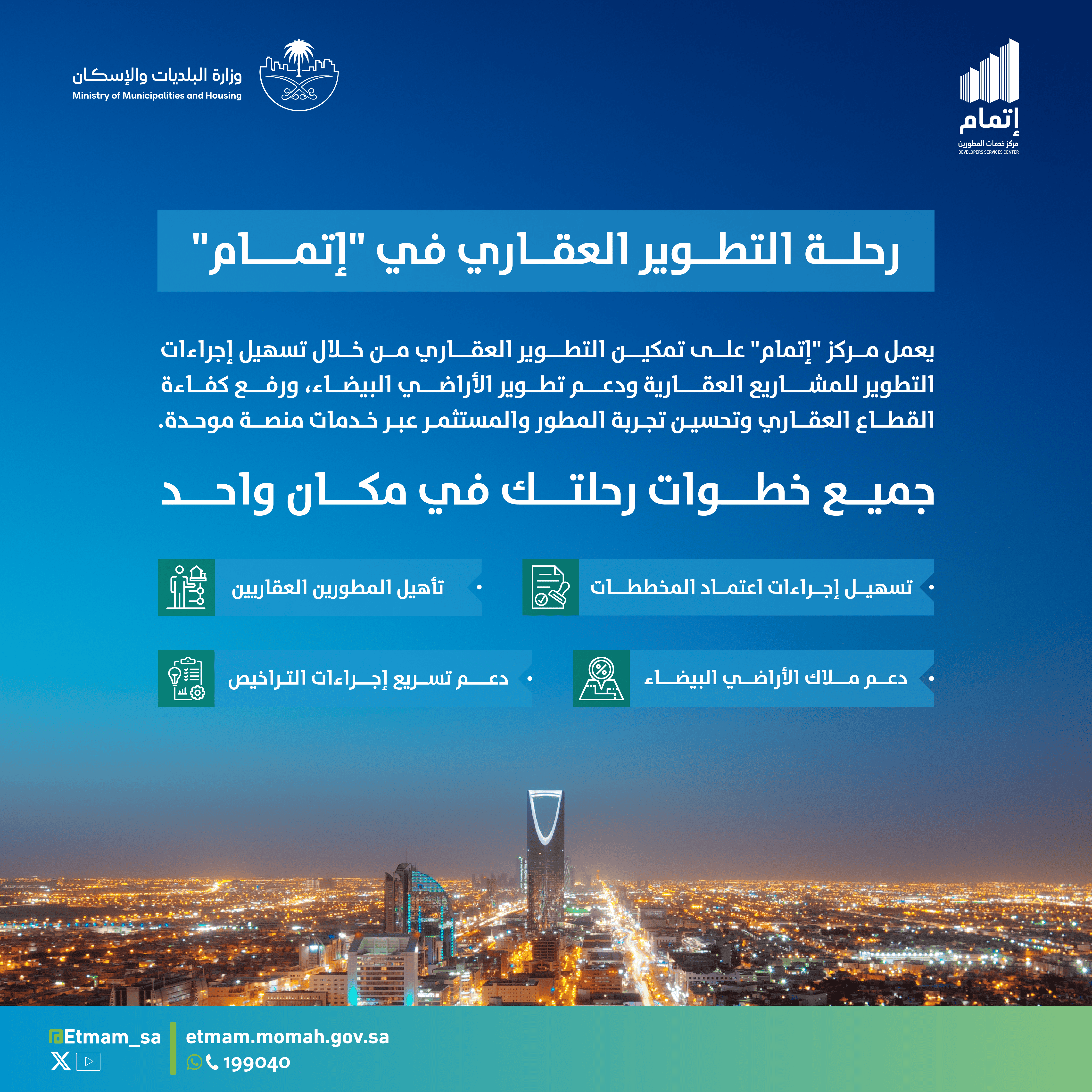 وزارة البلديات والإسكان: مركز "إتمام" يقدّم 38 خدمة رقمية لدعم وتنظيم رحلة التطوير العقاري