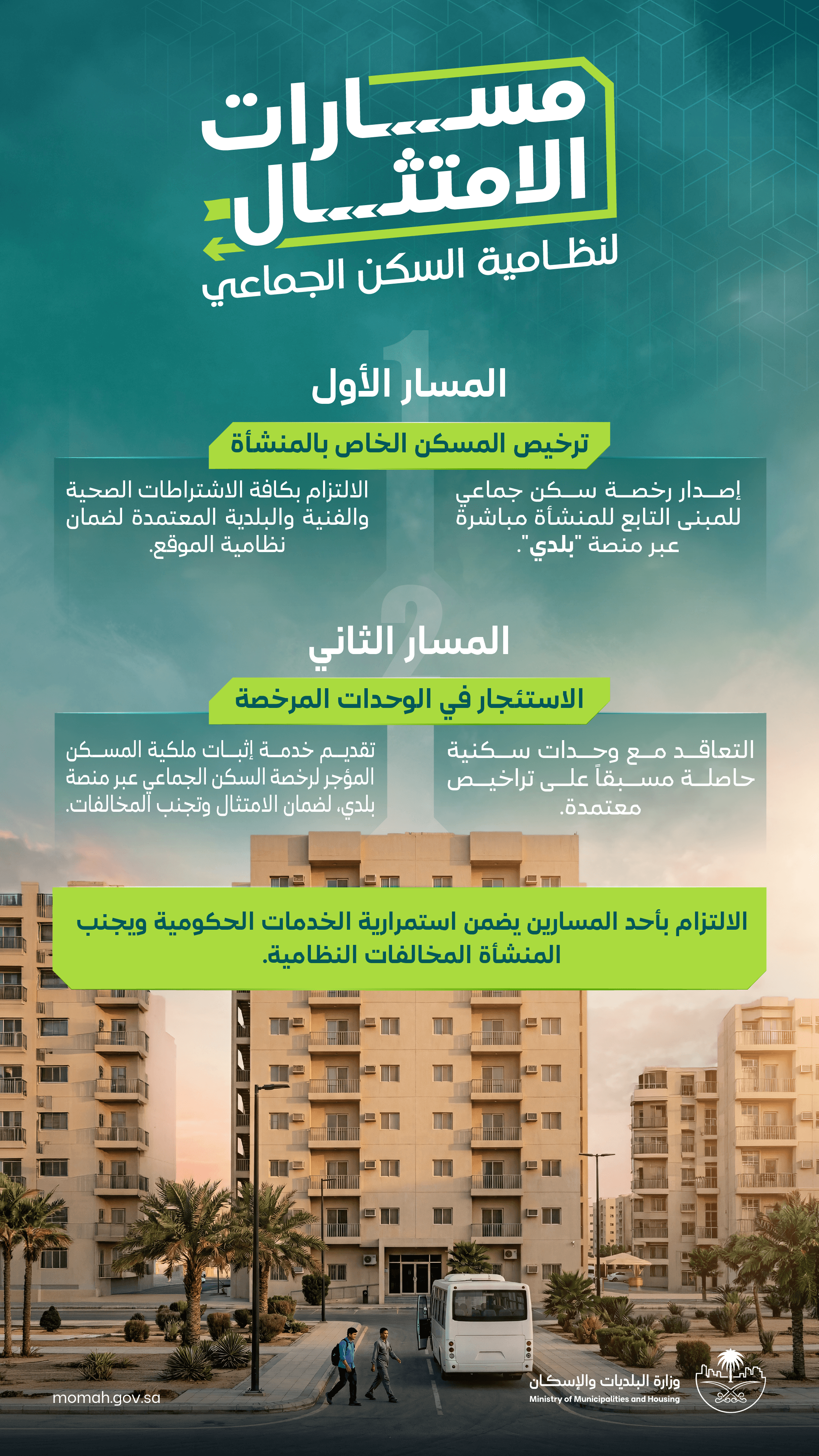 البرنامج الوطني لتطوير السكن الجماعي للأفراد يؤكد على المنشآت بإلزامية تصحيح أوضاع سكن العمالة التي تضم (20) عاملاً فأكثر عبر مسارين نظاميين