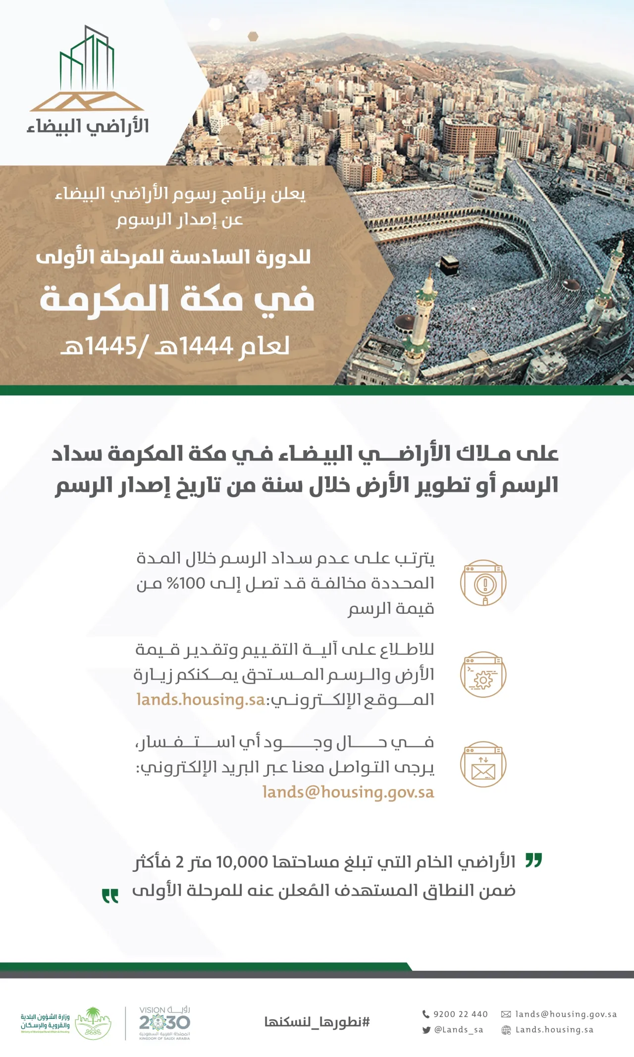 "الأراضي البيضاء" يصدر فواتير الدورة السادسة للمرحلة الأولى في مكة المكرمة