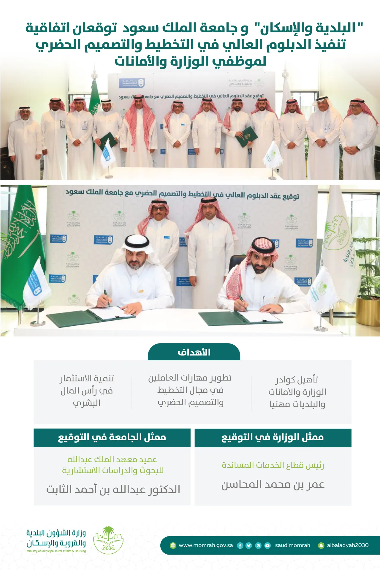 "البلدية والإسكان" و"جامعة الملك سعود" توقعان اتفاقية تنفيذ الدبلوم العالي في التخطيط والتصميم الحضري لموظفي الوزارة