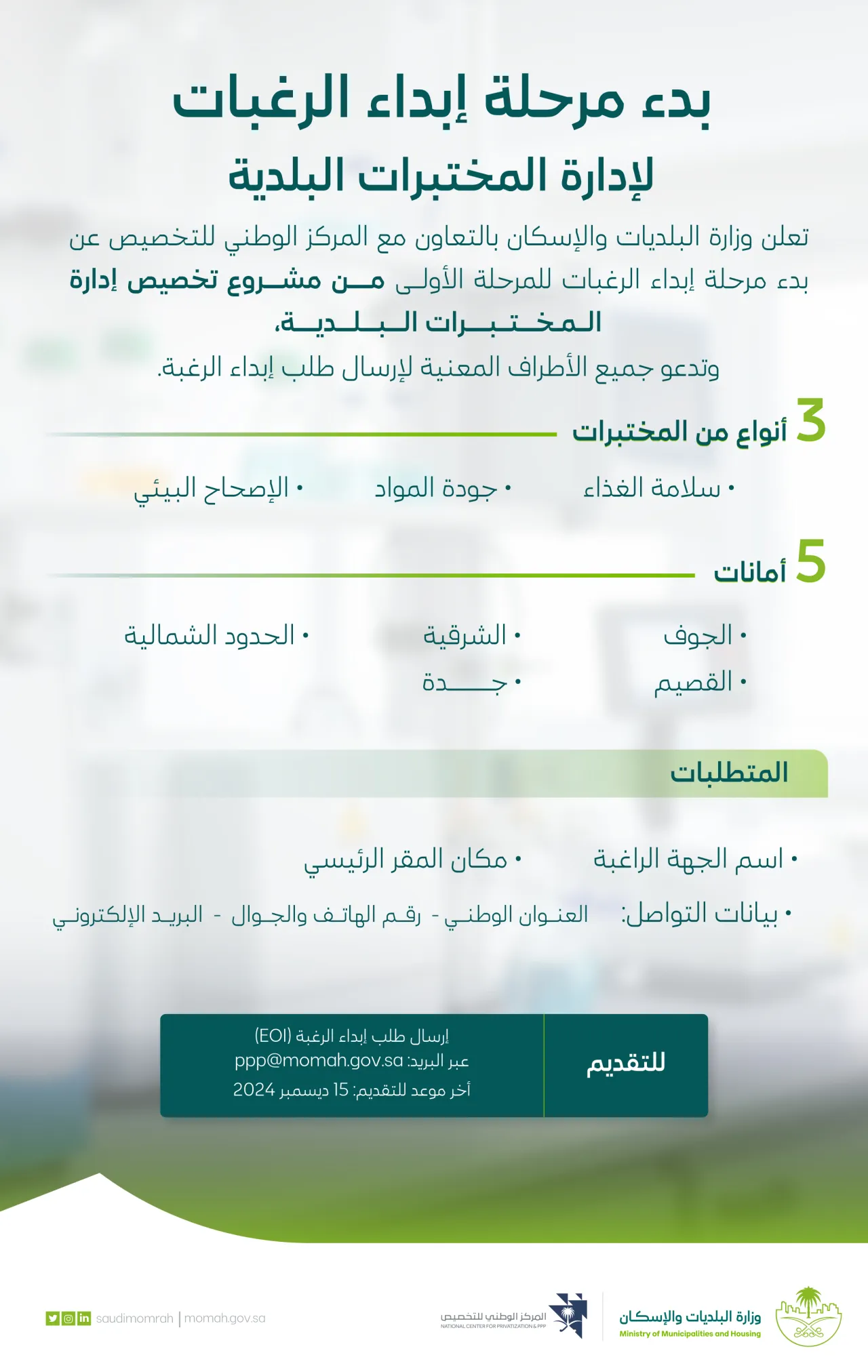 "البلديات والإسكان" تعلن عن بدء مرحلة إبداء الرغبات لإدارة المختبرات البلدية بالتعاون مع المركز الوطني للتخصيص